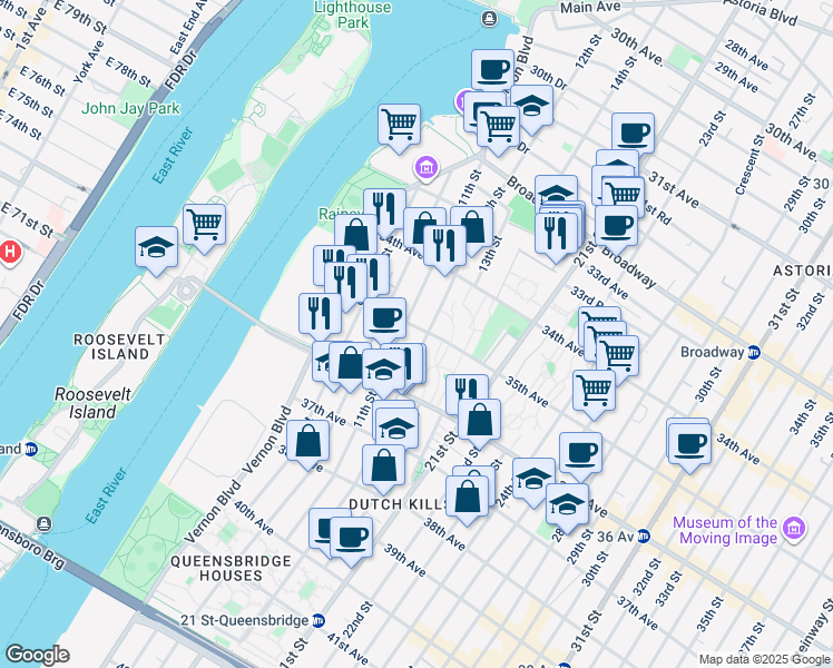 map of restaurants, bars, coffee shops, grocery stores, and more near 11-18 35th Avenue in Queens
