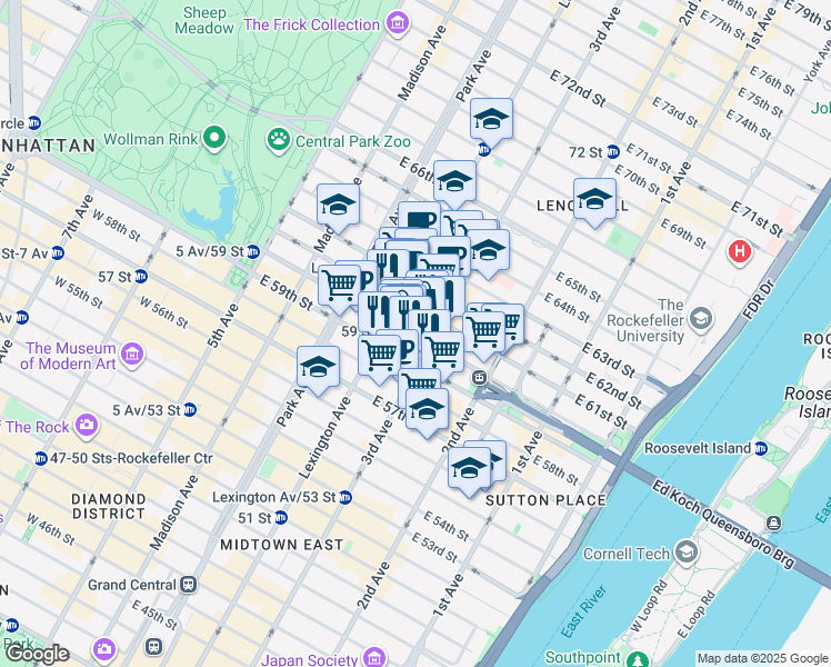 map of restaurants, bars, coffee shops, grocery stores, and more near 1000 3rd Avenue in New York