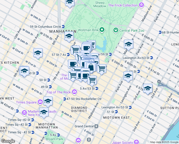 map of restaurants, bars, coffee shops, grocery stores, and more near 48 West 55th Street in New York