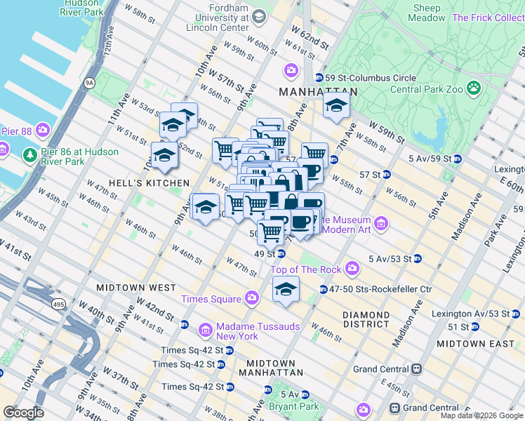 map of restaurants, bars, coffee shops, grocery stores, and more near 217 West 51st Street in New York