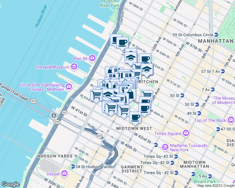 map of restaurants, bars, coffee shops, grocery stores, and more near 530 West 46th Street in New York
