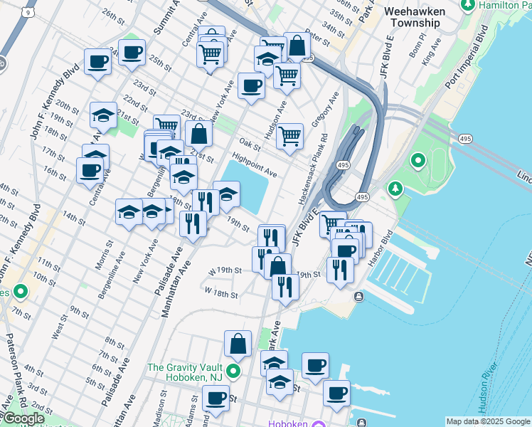 map of restaurants, bars, coffee shops, grocery stores, and more near 411 Gregory Avenue in Weehawken