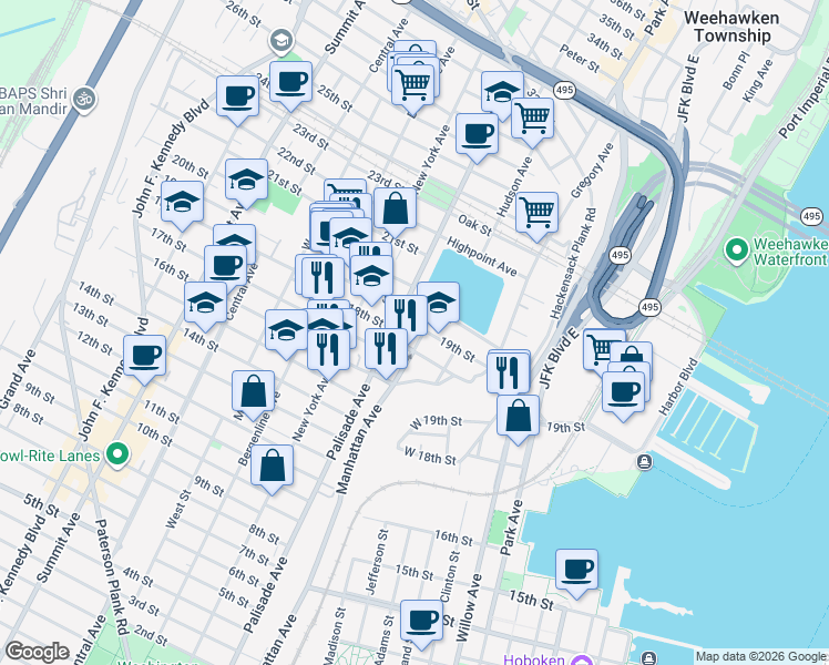 map of restaurants, bars, coffee shops, grocery stores, and more near 184 19th Street in Union City