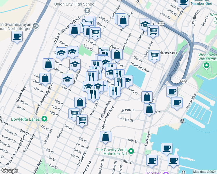 map of restaurants, bars, coffee shops, grocery stores, and more near 1700 New York Avenue in Union City