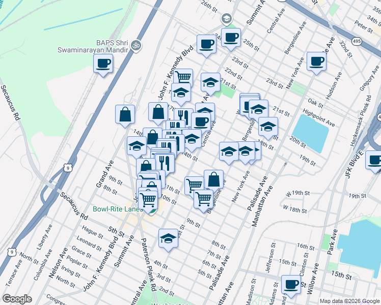 map of restaurants, bars, coffee shops, grocery stores, and more near 714 14th Street in Union City