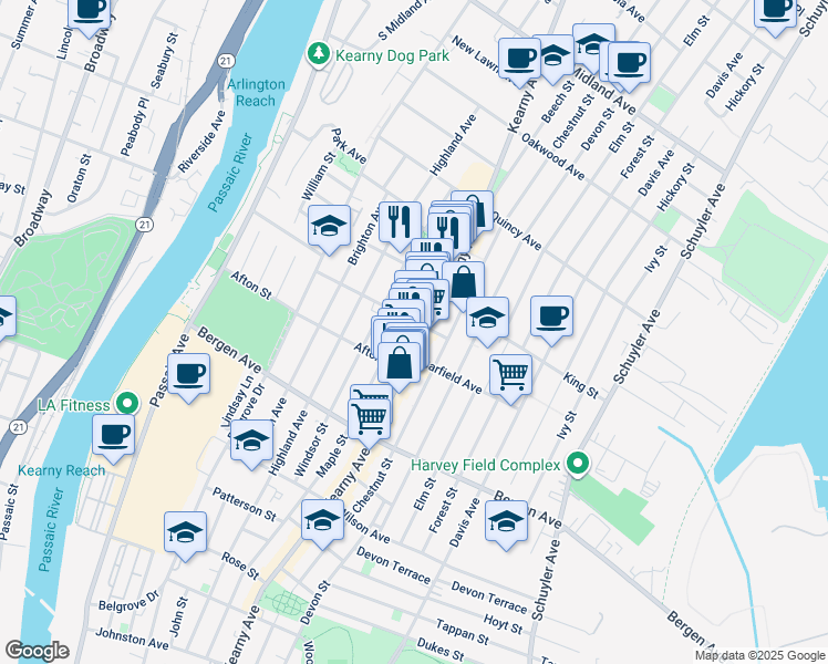 map of restaurants, bars, coffee shops, grocery stores, and more near 339 Kearny Avenue in Kearny