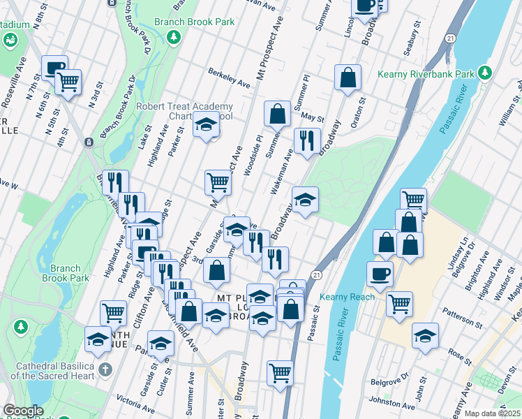 map of restaurants, bars, coffee shops, grocery stores, and more near 22 Wakeman Avenue in Newark