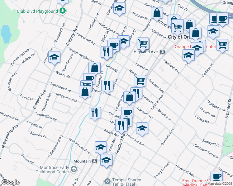 map of restaurants, bars, coffee shops, grocery stores, and more near 589 Tremont Avenue in City of Orange