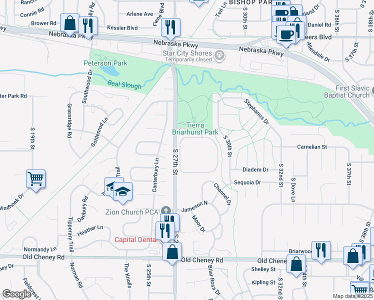 map of restaurants, bars, coffee shops, grocery stores, and more near 5120 Emerald Drive in Lincoln