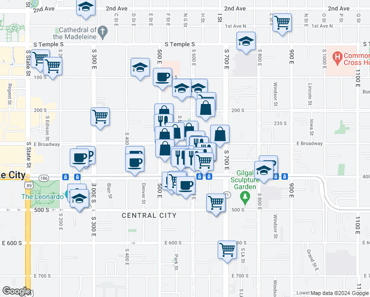 map of restaurants, bars, coffee shops, grocery stores, and more near 564 East 300 South in Salt Lake City