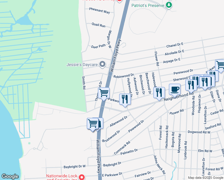 map of restaurants, bars, coffee shops, grocery stores, and more near 14 Maplewood Dr in Shirley