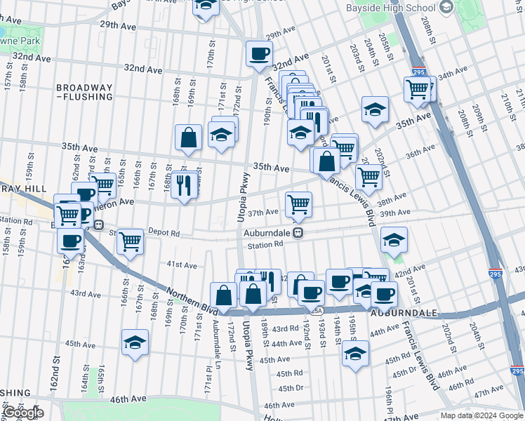 map of restaurants, bars, coffee shops, grocery stores, and more near 189-41 37th Avenue in Queens