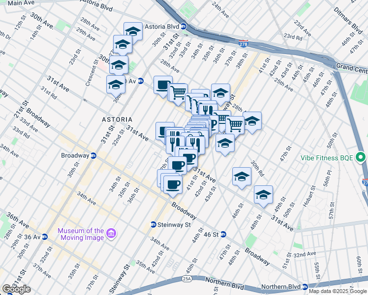 map of restaurants, bars, coffee shops, grocery stores, and more near 38-05 31st Avenue in Queens