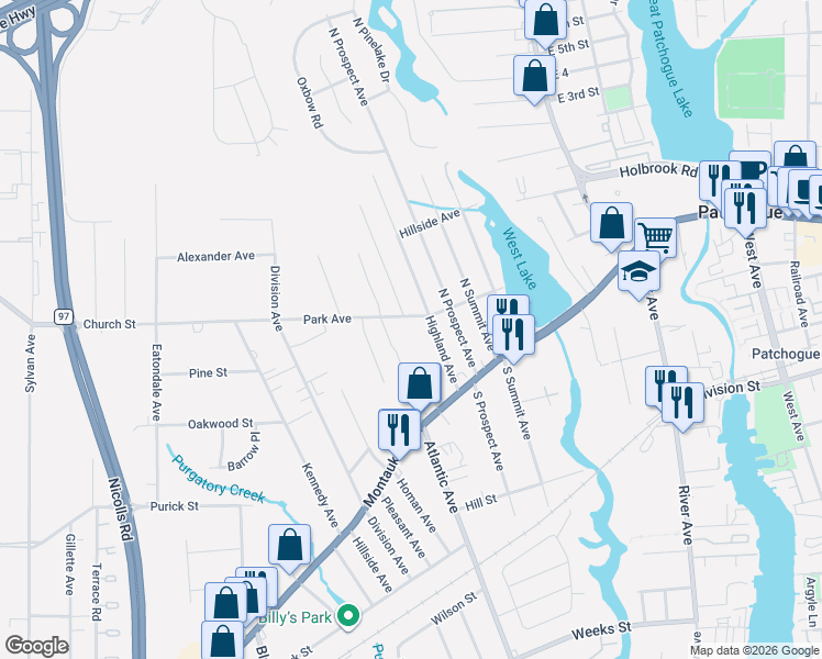 map of restaurants, bars, coffee shops, grocery stores, and more near 3 Park Avenue in Patchogue