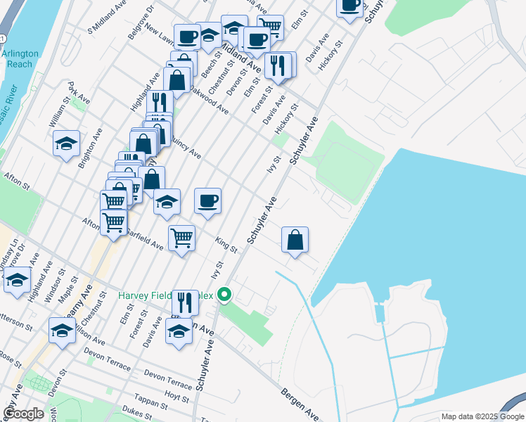 map of restaurants, bars, coffee shops, grocery stores, and more near 238 Ivy Street in Kearny