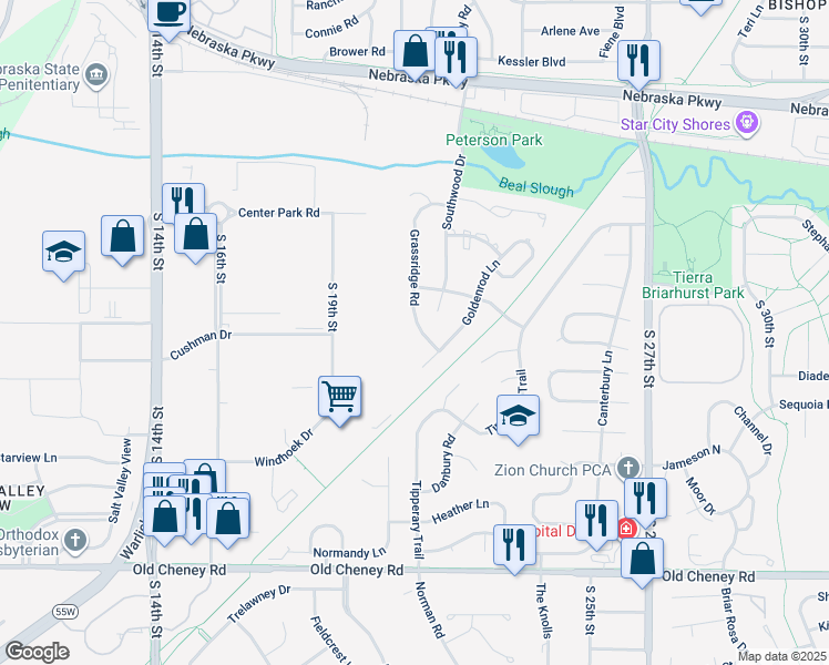 map of restaurants, bars, coffee shops, grocery stores, and more near 5107 Grassridge Road in Lincoln