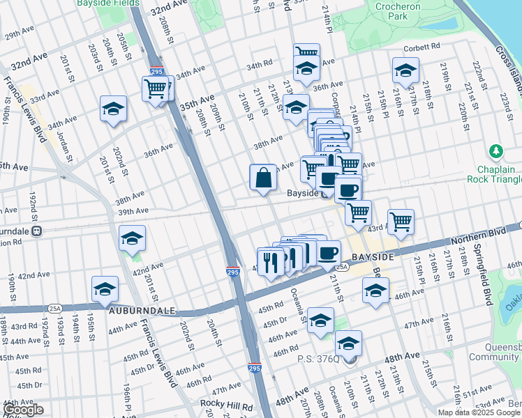 map of restaurants, bars, coffee shops, grocery stores, and more near 40-05 209th Street in Queens