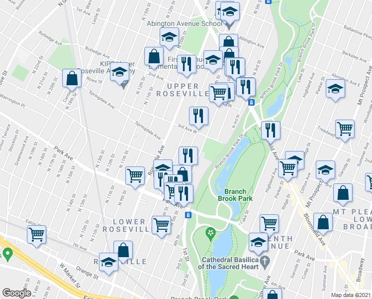 map of restaurants, bars, coffee shops, grocery stores, and more near 400-402 North 6th Street in Newark
