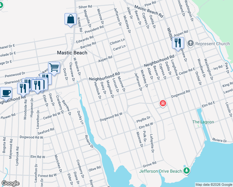 map of restaurants, bars, coffee shops, grocery stores, and more near 167 Cedar Road East in Mastic Beach