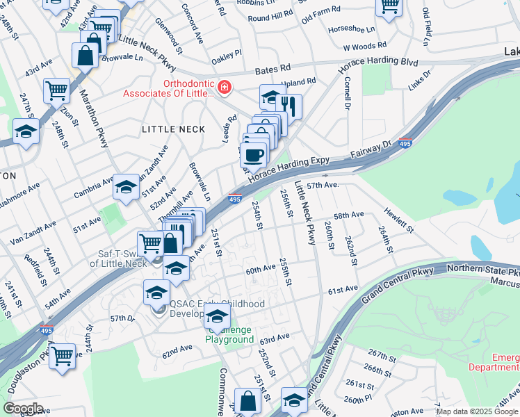 map of restaurants, bars, coffee shops, grocery stores, and more near 254-04 57th Avenue in Queens