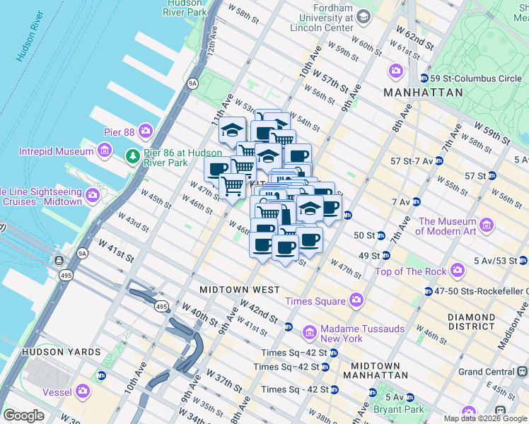 map of restaurants, bars, coffee shops, grocery stores, and more near 414 West 48th Street in New York