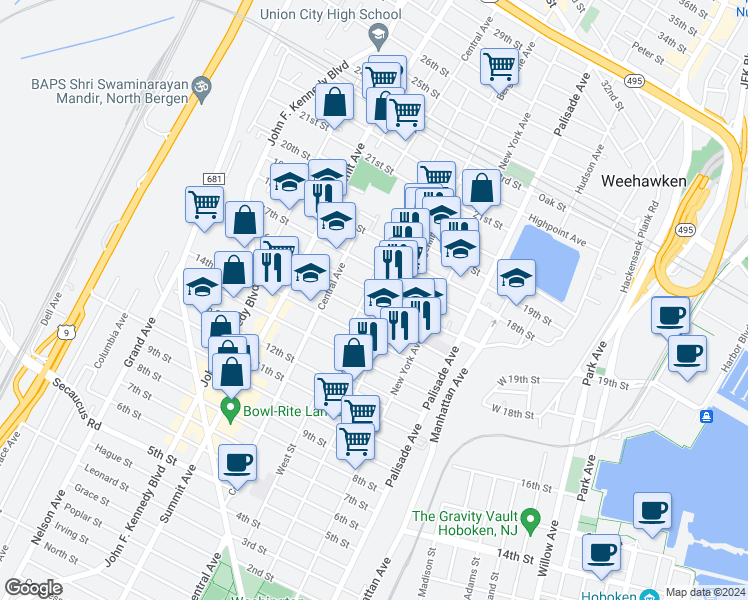 map of restaurants, bars, coffee shops, grocery stores, and more near 521 16th Street in Union City