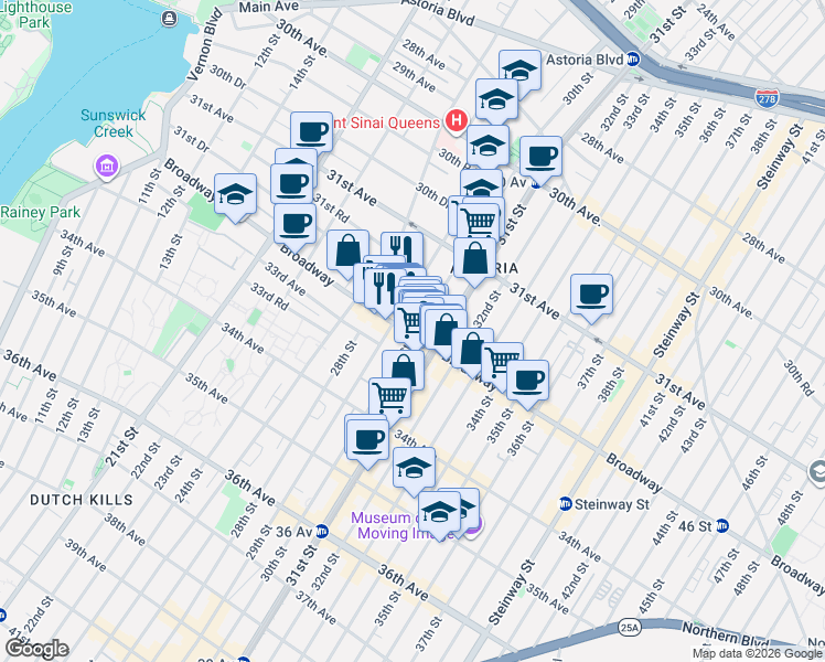map of restaurants, bars, coffee shops, grocery stores, and more near 30-01 Broadway in Queens