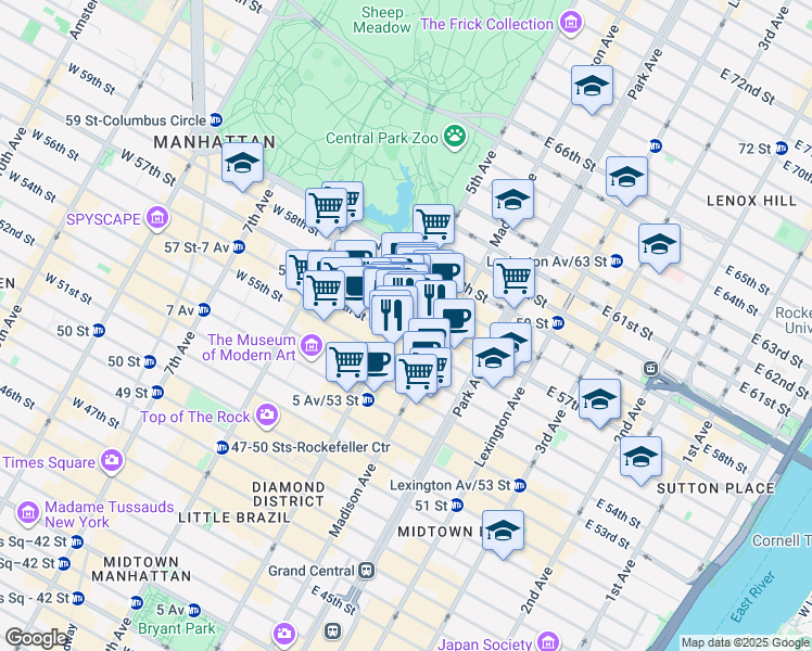 map of restaurants, bars, coffee shops, grocery stores, and more near 65 East 55th Street in New York