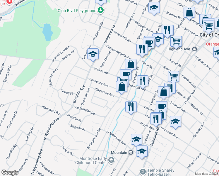 map of restaurants, bars, coffee shops, grocery stores, and more near 22 Lawrence Avenue in West Orange