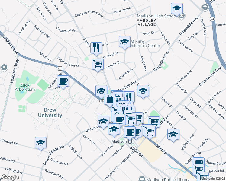 map of restaurants, bars, coffee shops, grocery stores, and more near 37 Park Avenue in Madison