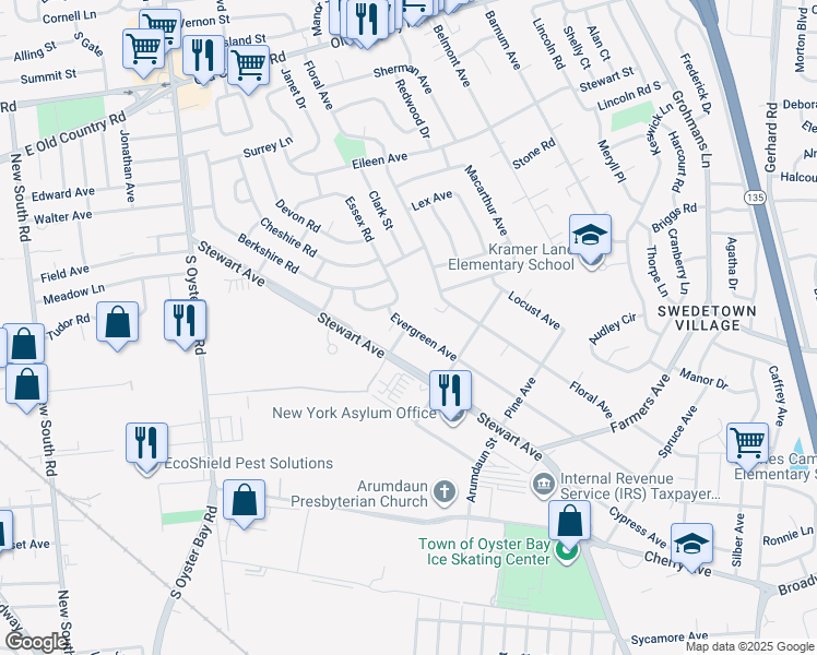 map of restaurants, bars, coffee shops, grocery stores, and more near 235 Evergreen Avenue in Bethpage