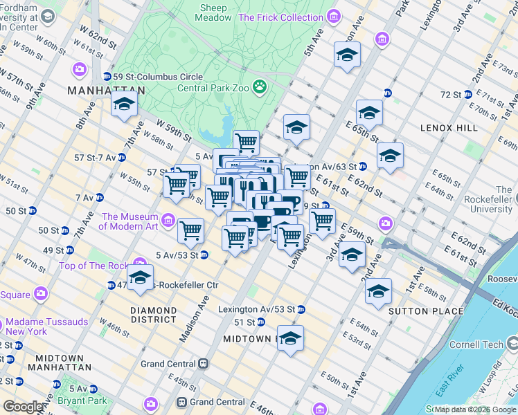 map of restaurants, bars, coffee shops, grocery stores, and more near 595 Madison Avenue in New York