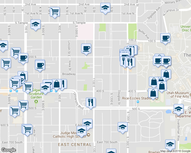 map of restaurants, bars, coffee shops, grocery stores, and more near 1104 East 300 South in Salt Lake City