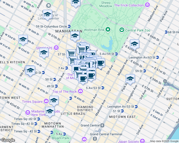 map of restaurants, bars, coffee shops, grocery stores, and more near 1350 6th Avenue in New York