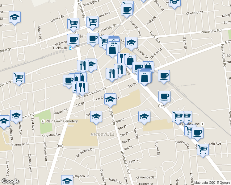 map of restaurants, bars, coffee shops, grocery stores, and more near 19 Sterling Place in Hicksville