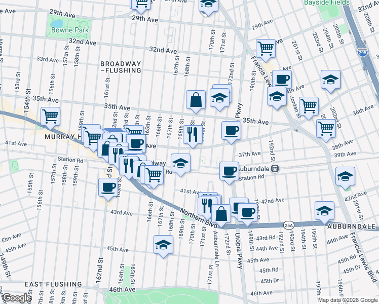 map of restaurants, bars, coffee shops, grocery stores, and more near 36-05 169th Street in Queens
