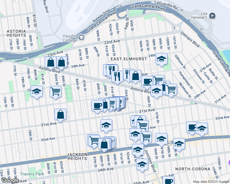 map of restaurants, bars, coffee shops, grocery stores, and more near 26-29 91st Street in Queens