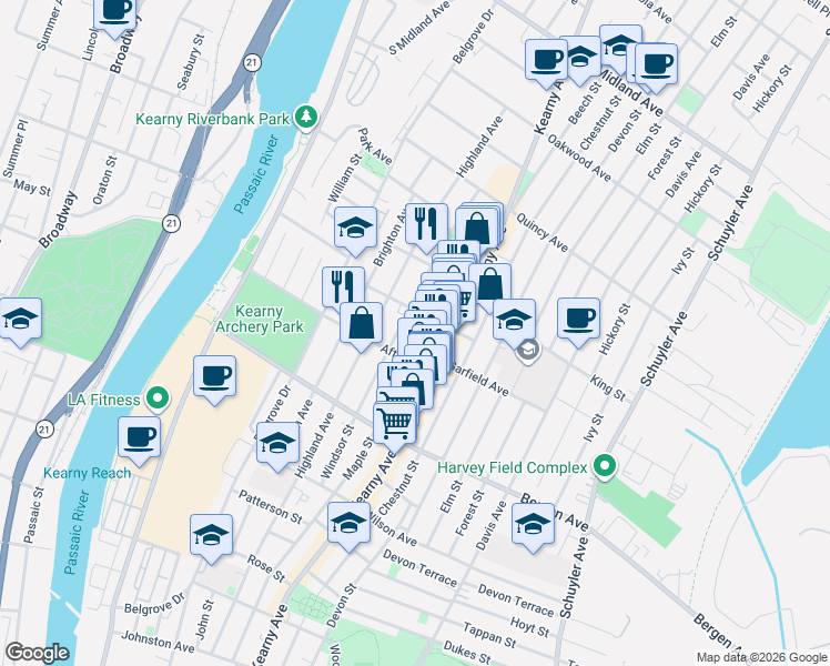 map of restaurants, bars, coffee shops, grocery stores, and more near 299 Maple Street in Kearny
