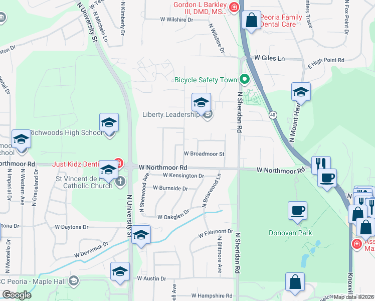 map of restaurants, bars, coffee shops, grocery stores, and more near 921 West Broadmoor Street in Peoria