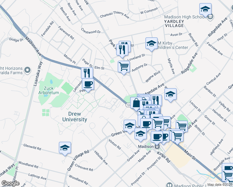 map of restaurants, bars, coffee shops, grocery stores, and more near 6 Madison Avenue in Madison