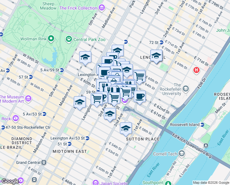 map of restaurants, bars, coffee shops, grocery stores, and more near 200 East 61st Street in New York