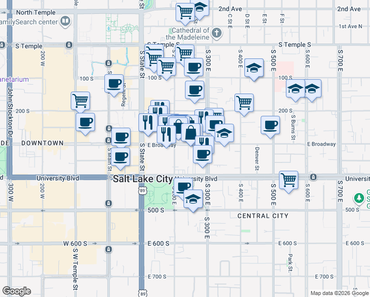map of restaurants, bars, coffee shops, grocery stores, and more near 230 East Broadway in Salt Lake City