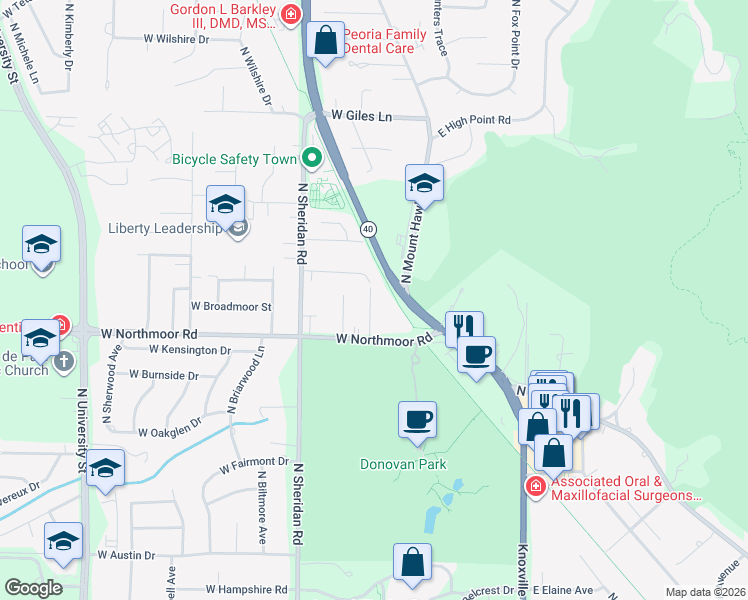 map of restaurants, bars, coffee shops, grocery stores, and more near 6126 North Northmoor Court in Peoria