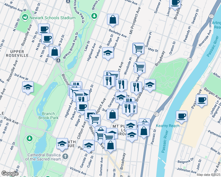 map of restaurants, bars, coffee shops, grocery stores, and more near Mount Prospect Avenue & 2nd Avenue in Newark