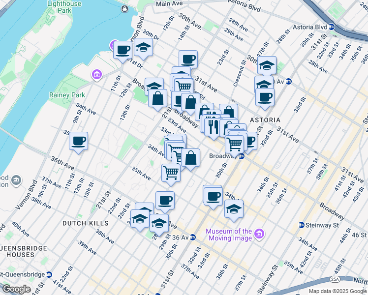 map of restaurants, bars, coffee shops, grocery stores, and more near 21-80 33rd Road in Queens