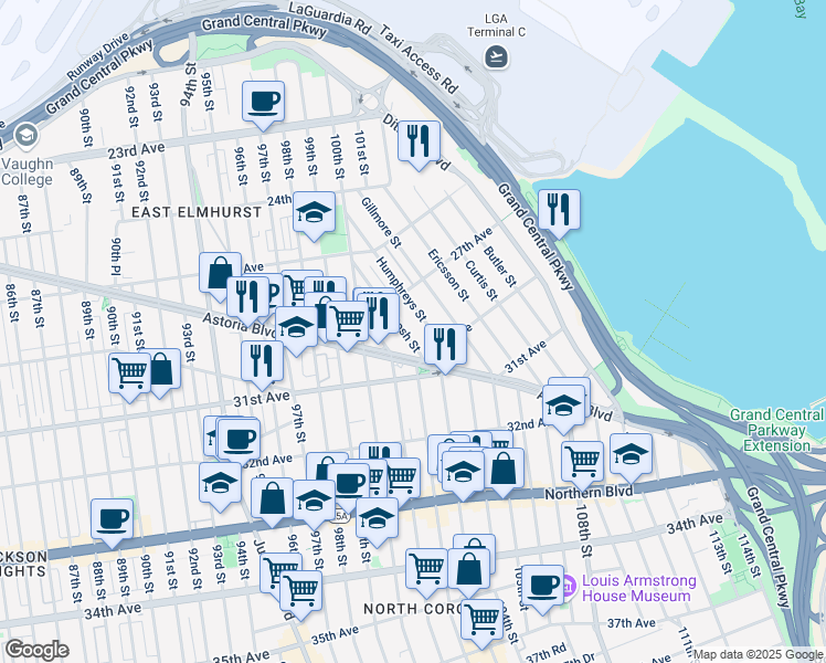 map of restaurants, bars, coffee shops, grocery stores, and more near 2735 McIntosh Street in Queens