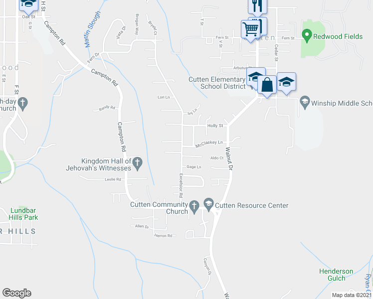 map of restaurants, bars, coffee shops, grocery stores, and more near 1924 McClaskey Lane in Eureka