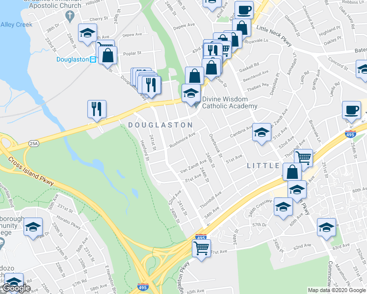 map of restaurants, bars, coffee shops, grocery stores, and more near 47-15 243rd Street in Queens
