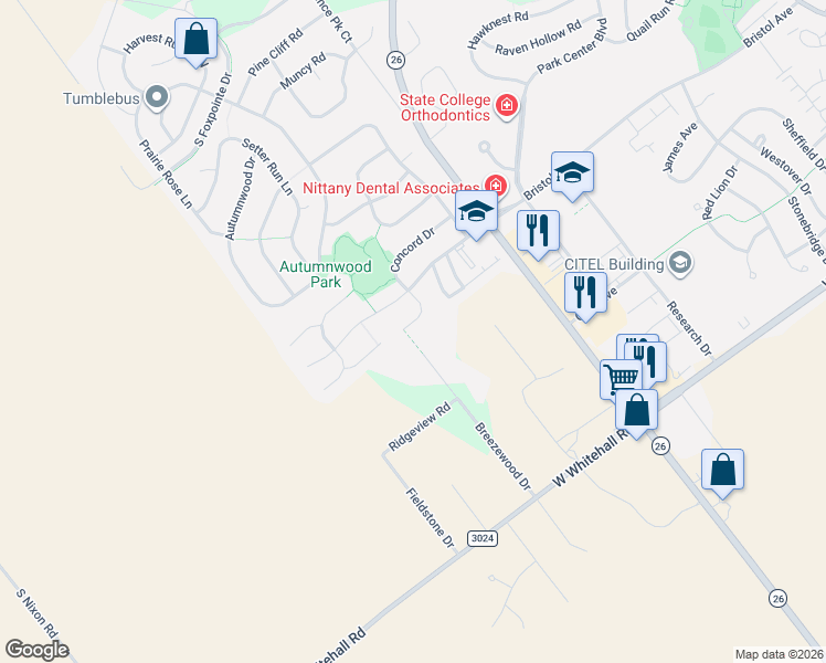 map of restaurants, bars, coffee shops, grocery stores, and more near 3399 Pamela Cir in State College