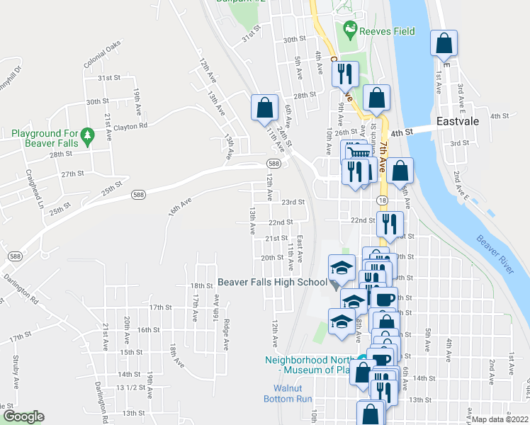 map of restaurants, bars, coffee shops, grocery stores, and more near 2209 12th Avenue in Beaver Falls